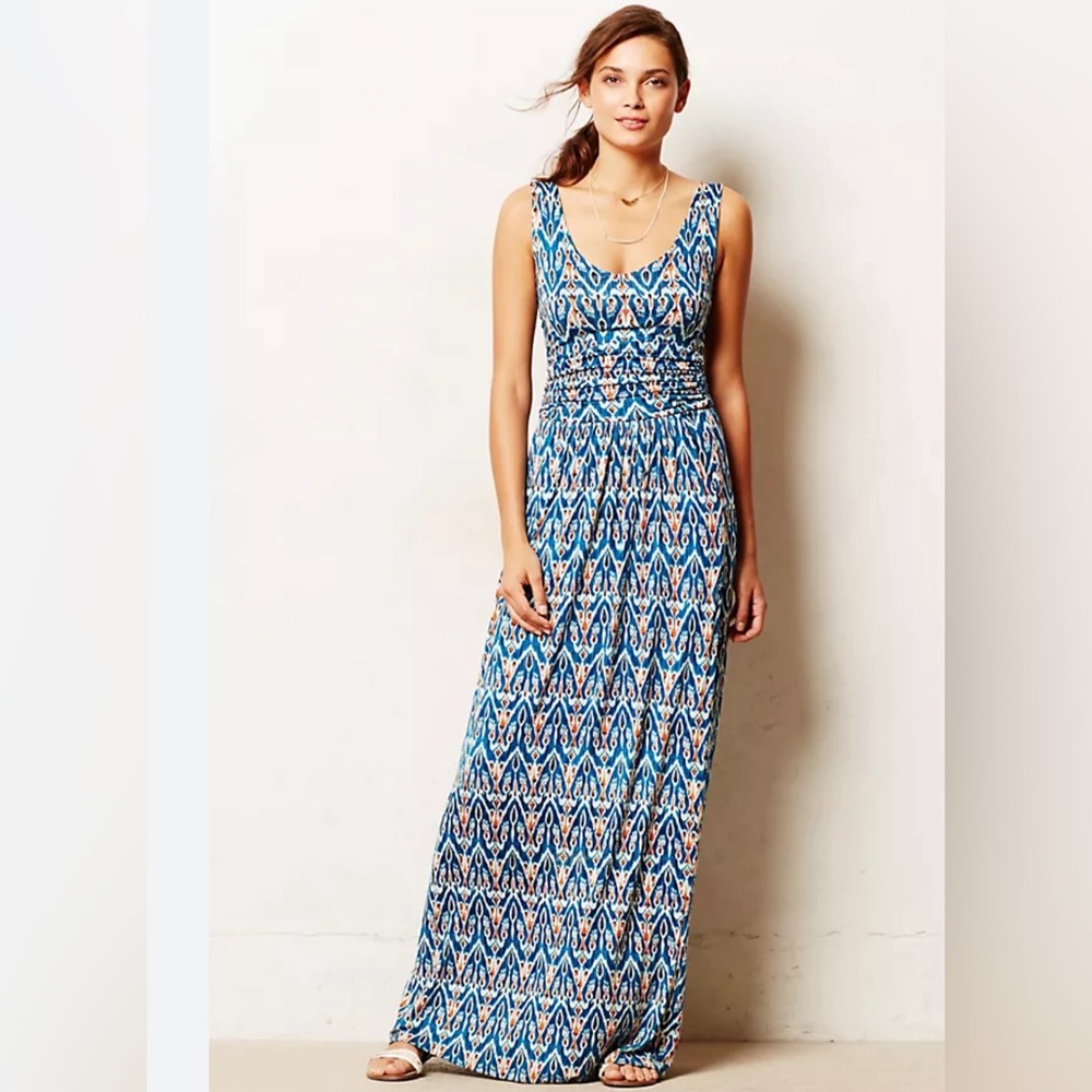 Anthropologie Vanessa Virginia Sleeveless Blue Geometric Maxi Dress